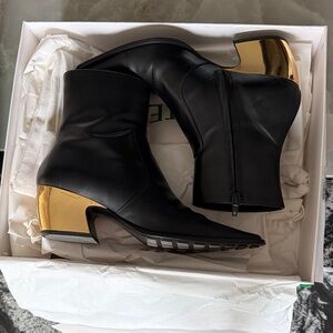 Bottega Veneta Black Leather Ankle Boots with Gold Sculpted Heel